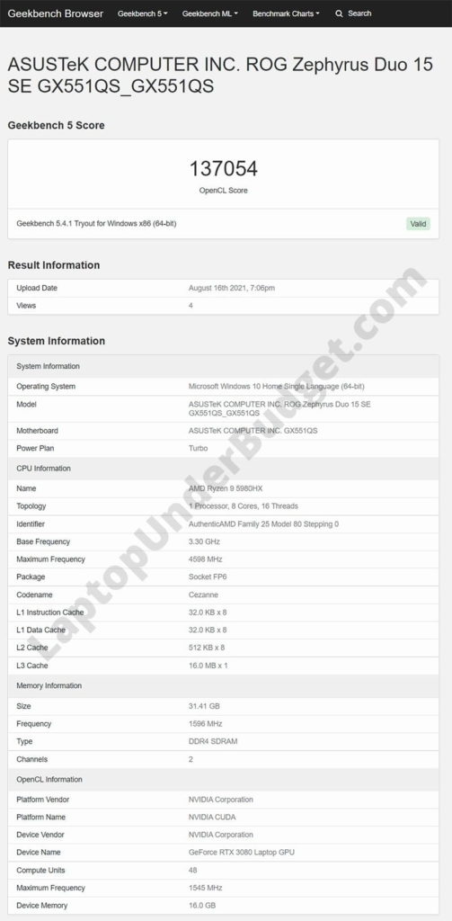 Asus ROG Zephyrus Duo 15 SE with AMD Ryzen 9 5980HX and RTX 3080 Spotted Taking OpenCL Test Result on Geekbench