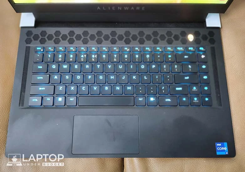Customizable RGB backlit keyboard and trackpad of 2022 Alienware x15 gaming laptop