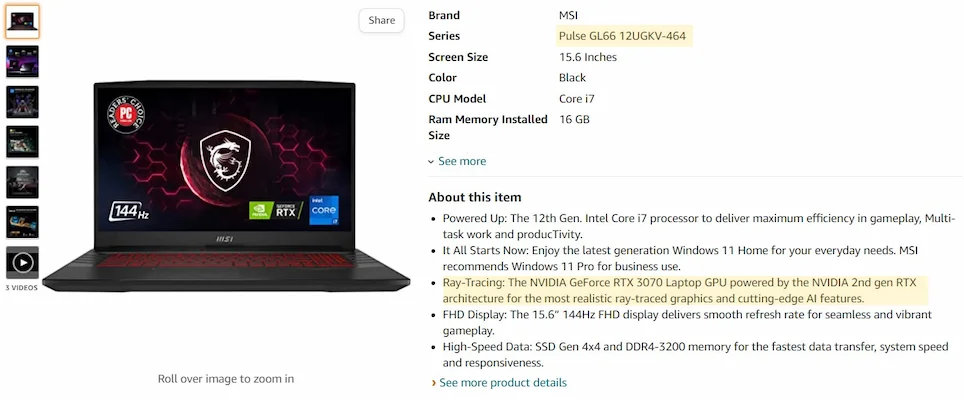 MSI Pulse GL66 Amazon Listing with TGP of GPU missing